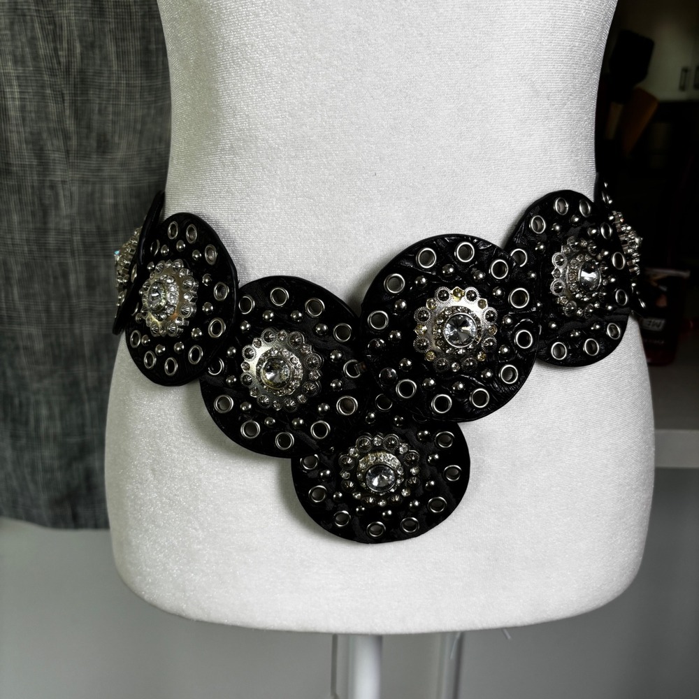 Nocona Belt Co Womens Black Statement Concho Belt Silver Studded Rhinestone
